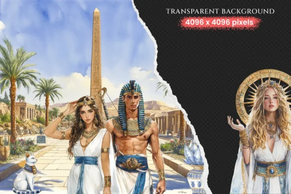 Amentas Whisper Watercolor Clipart Set - 275+ transparent PNG, Ancient egypt illustrations, Pharaohs art, Commercial use, Digital download