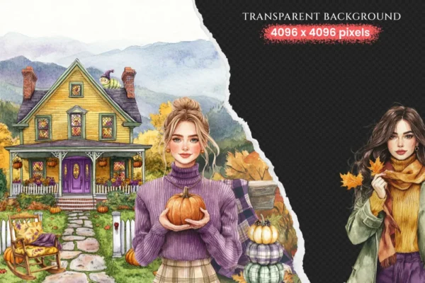 Autumn Notions Watercolor Clipart Set - 265+ transparent PNG, Artistic autumn graphics, Falling leaves art, Commercial use, Digital download