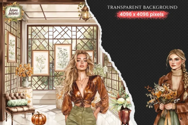 Autumn Gallery Watercolor Clipart Set - 272+ transparent PNG, Fall fashion graphics, Autumn museum images, Commercial use, Digital download