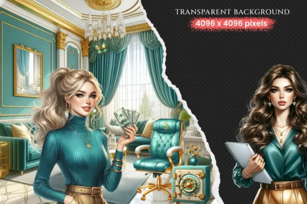 Money Girl Clipart Set - 100+ transparent PNG, Finance planning illustrations, Bank cash printables, Commercial use, Digital download