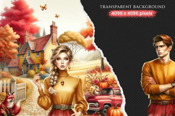 Autumn Enchantment Clipart Set - 120+ transparent PNG, Cozy autumn illustrations, Cottagecore fall images, Commercial use, Digital download