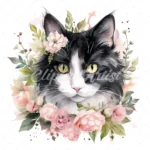 20 High-Quality Black and White Floral Cats Clipart - Cats digital watercolor JPG instant download for commercial use - Digital download