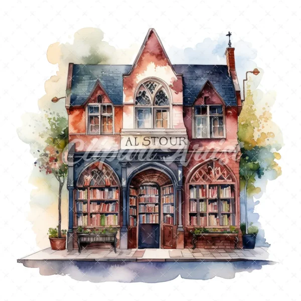 20 High-Quality Gothic Bookshop Clipart - Gothic bookshop digital watercolor JPG instant download for commercial use - Digital download