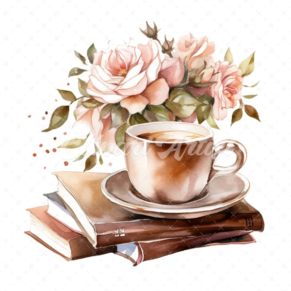 20 High-Quality Floral Coffee Books Clipart - Coffee books digital watercolor JPG instant download for commercial use - Digital download