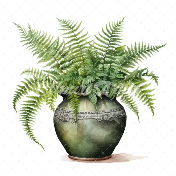 20 High-Quality Fern Antique Pot Clipart - digital watercolor JPG instant download for commercial use - Digital download