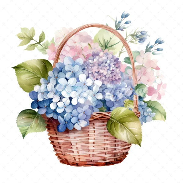 20 High-Quality Hydrangea Basket Clipart - Hydrangea basket digital watercolor JPG instant download for commercial use - Digital download