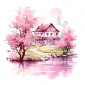 20 High-Quality Pink House Clipart - Pink house digital watercolor JPG instant download for commercial use - Digital download