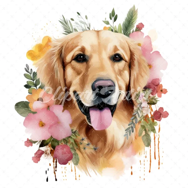 20 High-Quality Floral Golden Retriever Clipart - Retriever digital watercolor JPG instant download for commercial use - Digital download