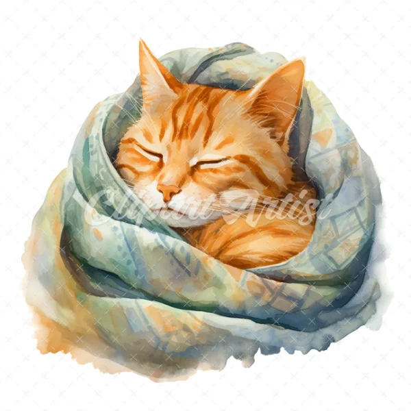 20 High-Quality Cat Sleeping in Shawl Clipart - Sleeping Cat digital watercolor JPG instant download for commercial use - Digital download
