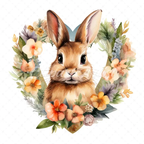 20 High-Quality Bunny in Heart Wreath Clipart - Bunny wreath digital watercolor JPG instant download for commercial use - Digital download