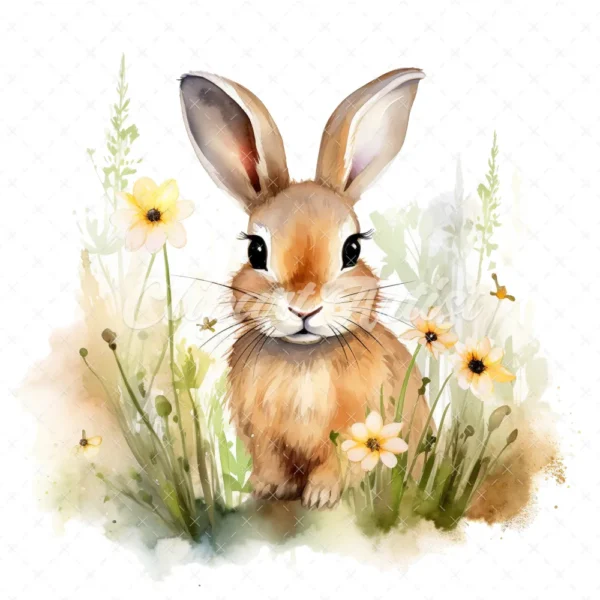 20 High-Quality Bunny in a Meadow Clipart - Bunny meadow digital watercolor JPG instant download for commercial use - Digital download