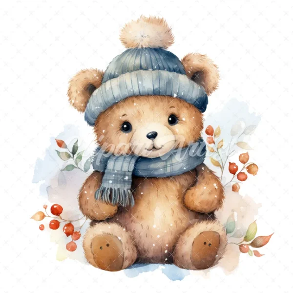 20 High-Quality Winter Teddy Bear Clipart - Winter teddy bear digital watercolor JPG instant download for commercial use - Digital download
