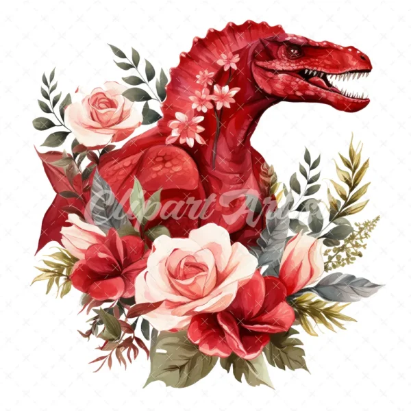20 High-Quality Red Floral Dinosaur Clipart - Red dinosaur digital watercolor JPG instant download for commercial use - Digital download