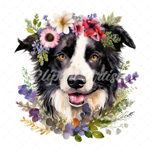 20 High-Quality Floral Border Collie Clipart - Border collie digital watercolor JPG instant download for commercial use - Digital download