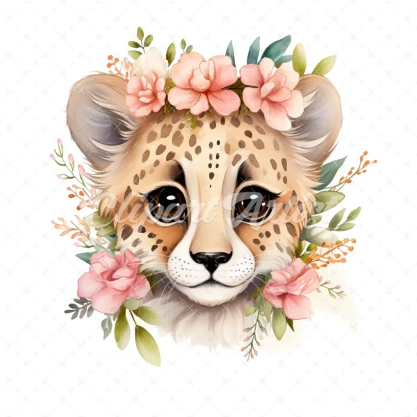 20 High-Quality Floral Cute Cheetah Clipart - Cute cheetah digital watercolor JPG instant download for commercial use - Digital download