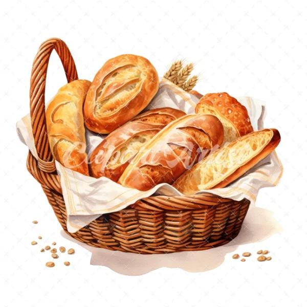 20 High-Quality Bread Basket Clipart - Bread basket digital watercolor JPG instant download for commercial use - Digital download