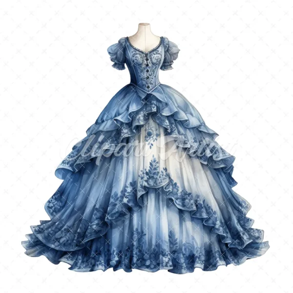 20 High-Quality Blue Victorian Dress Clipart - Victorian dress digital watercolor JPG instant download for commercial use - Digital download