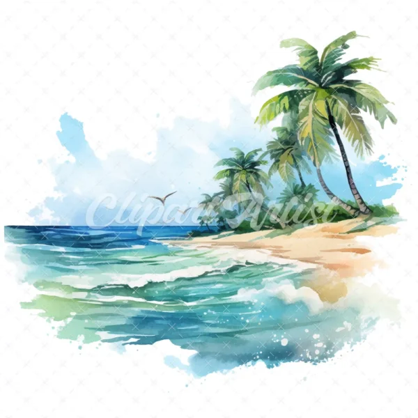 20 High-Quality Tropical Beach Clipart - Tropical beach digital watercolor JPG instant download for commercial use - Digital download