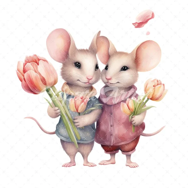 20 High-Quality Mice Holding Tulip Clipart - Mice tulip digital watercolor JPG instant download for commercial use - Digital download