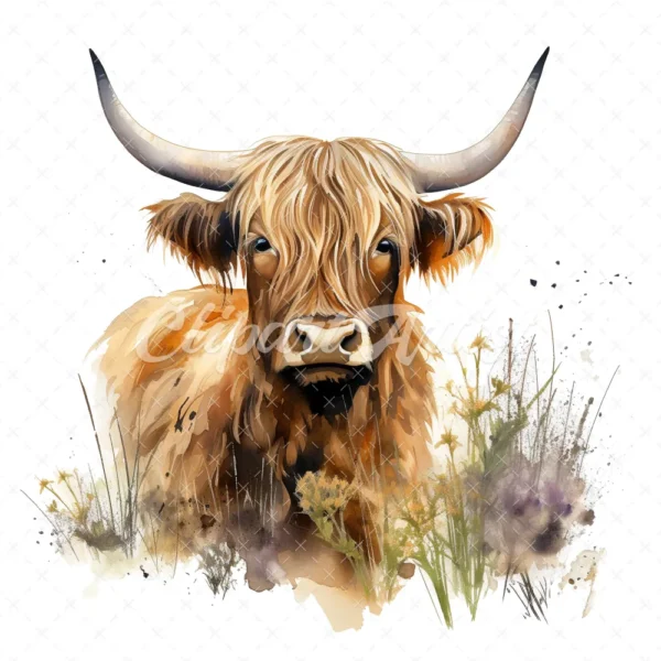 19 High-Quality Highland Cow in Grass Clipart - Highland cow digital watercolor JPG instant download for commercial use - Digital download