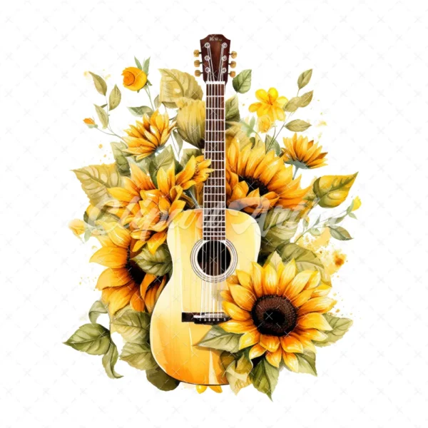 20 High-Quality Sunflowers Guitars Clipart - Sunflowers guitar digital watercolor JPG instant download for commercial use - Digital download