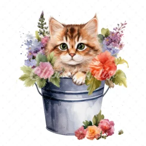 20 High-Quality Cat Flower Bucket Clipart - Cat flower bucket digital watercolor JPG instant download for commercial use - Digital download