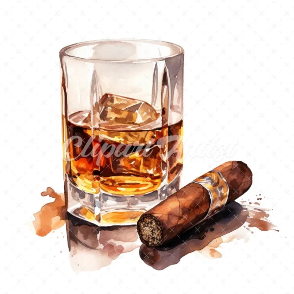 20 High-Quality Cigar Glass of Whisky Clipart -Cigar whisky digital watercolor JPG instant download for commercial use - Digital download