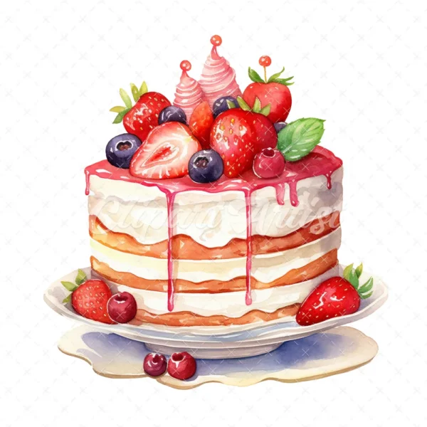 20 High-Quality Birthday Fruit Cake Clipart - Fruit cake digital watercolor JPG instant download for commercial use - Digital download