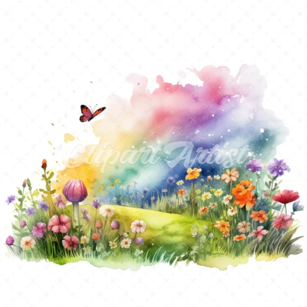 22 High-Quality Rainbow Meadow Clipart - Rainbow meadow digital watercolor JPG instant download for commercial use - Digital download