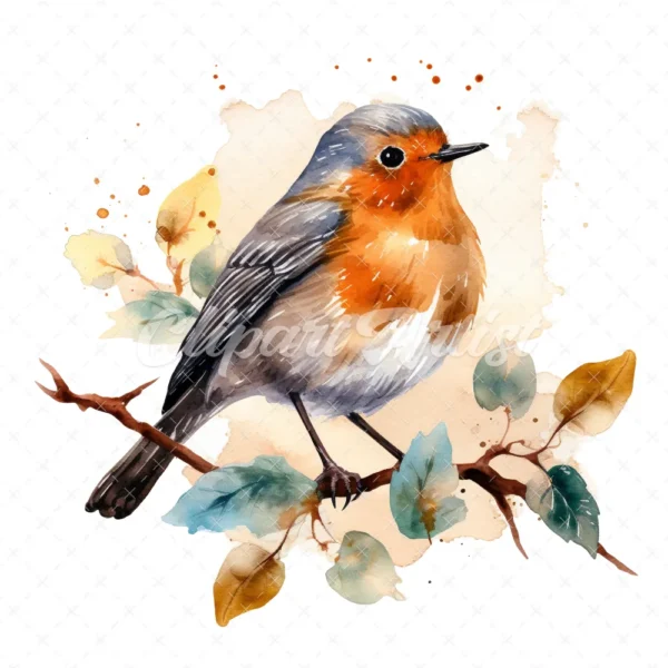 20 High-Quality Robin on Dry Leaf Clipart - Birds digital watercolor JPG instant download for commercial use - Digital download