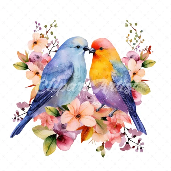 20 High-Quality Floral Love Birds Clipart - Floral love birds digital watercolor JPG instant download for commercial use - Digital download