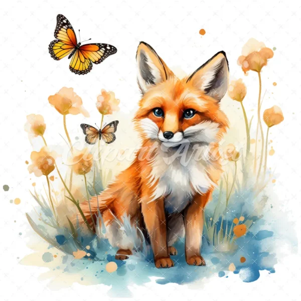 19 High-Quality Fox and Butterfly Clipart - Fox and butterfly digital watercolor JPG instant download for commercial use - Digital download
