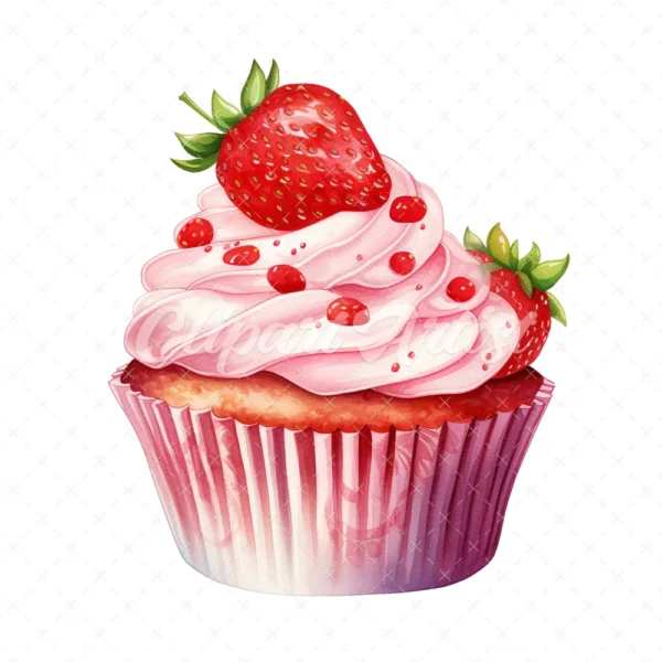 20 High-Quality Strawberry Cupcake Clipart - Cupcake digital watercolor JPG instant download for commercial use - Digital download