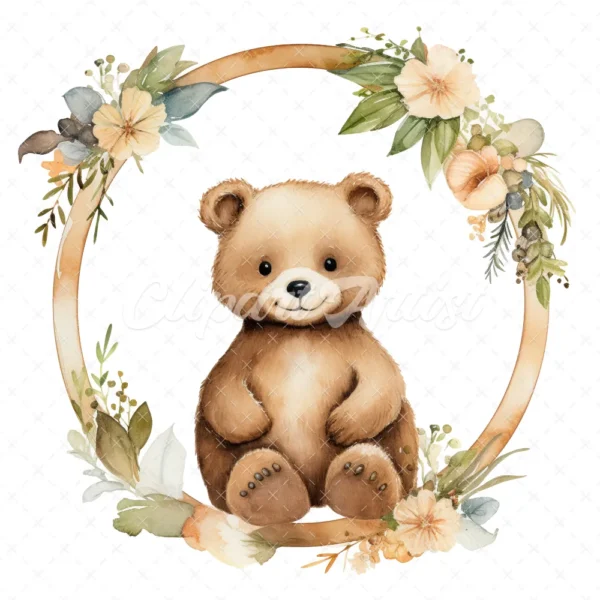 20 High-Quality Bear In Round Frame Rack Clipart - Bear frame digital watercolor JPG instant download for commercial use - Digital download
