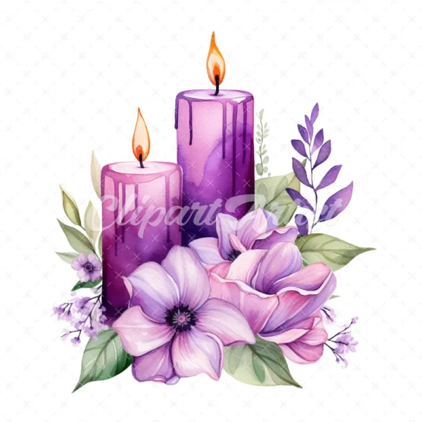 19 High-Quality Purple Floral Candle Clipart - Purple candle digital watercolor JPG instant download for commercial use - Digital download