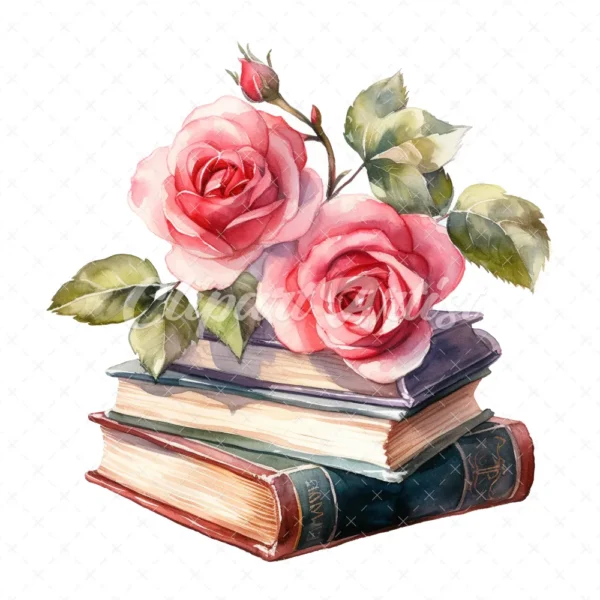 20 High-Quality Rose Books Clipart - Rose books digital watercolor JPG instant download for commercial use - Digital download
