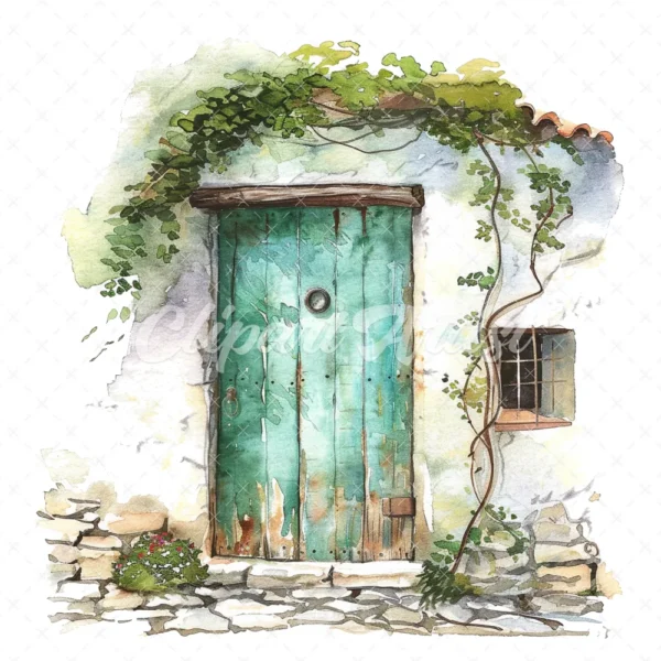 20 High-Quality Doors on Countryside Clipart - Floral doors digital watercolor JPG instant download for commercial use - Digital download