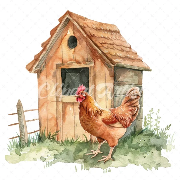 20 High-Quality Chicken Coop Clipart - Chicken coop digital watercolor JPG instant download for commercial use - Digital download