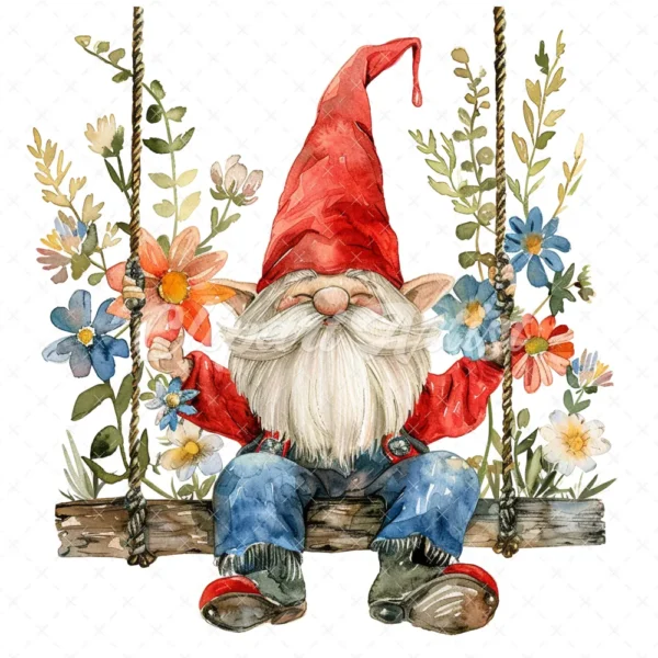 18 High-Quality Gnome on Swing Clipart - Gnome on swing wreath digital watercolor JPG instant download for commercial use - Digital download