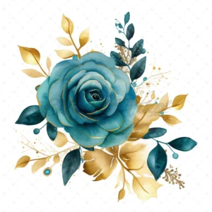 20 High-Quality Teal Gold Floral Rose Clipart - Floral rose digital watercolor JPG instant download for commercial use - Digital download