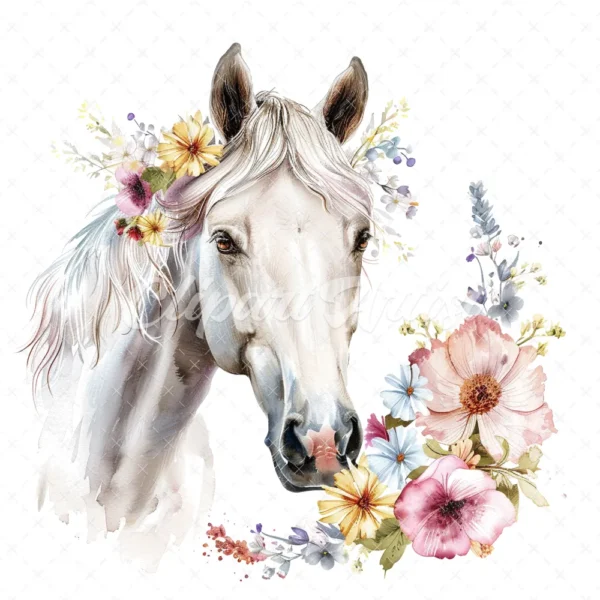 20 High-Quality White Floral Horse Clipart - White horse digital watercolor JPG instant download for commercial use - Digital download