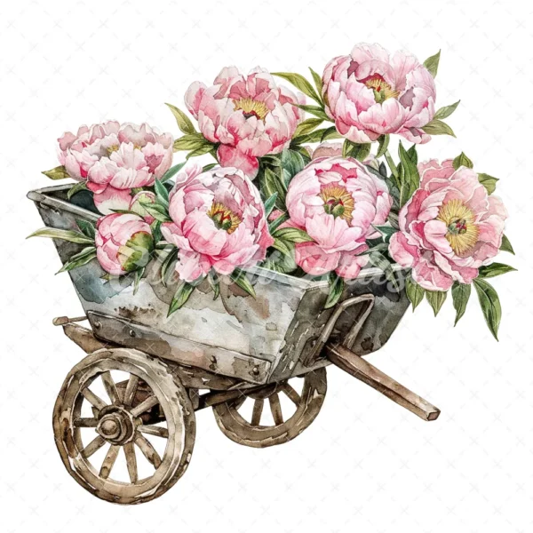 20 High-Quality Peonies Wheelbarrow Clipart - Wheelbarrow digital watercolor JPG instant download for commercial use - Digital download