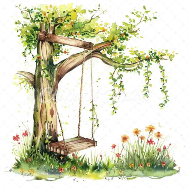18 High-Quality Tree Swings Clipart - Tree swings digital watercolor JPG instant download for commercial use - Digital download