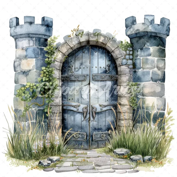 20 High-Quality Castle Entrance Clipart - Castle entrance digital watercolor JPG instant download for commercial use - Digital download