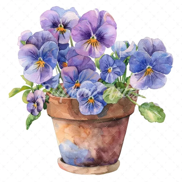20 High-Quality Pot of Pansies Clipart - Pot of pansies digital watercolor JPG instant download for commercial use - Digital download