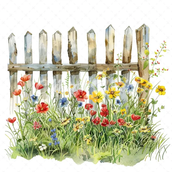 20 High-Quality Fence Wildflowers Clipart - Fence wildflowers digital watercolor JPG instant download for commercial use - Digital download