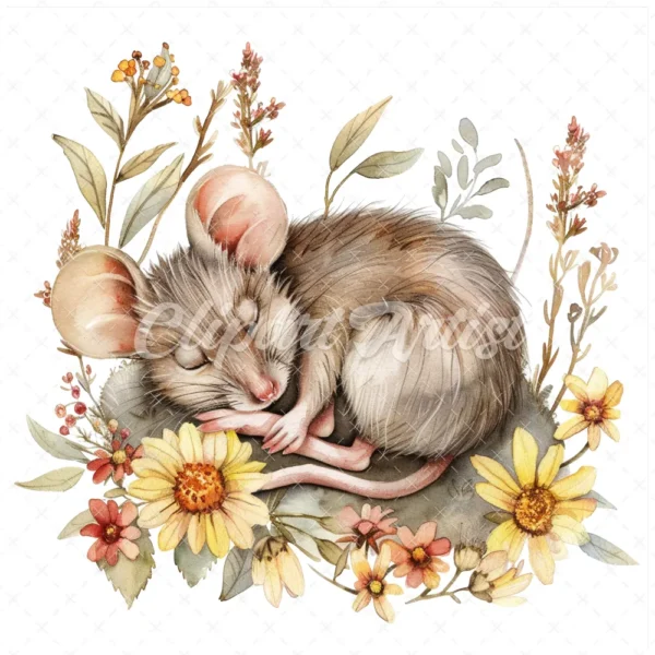 20 High-Quality Mice Sleep In Flower Clipart - Mice sleep digital watercolor JPG instant download for commercial use - Digital download