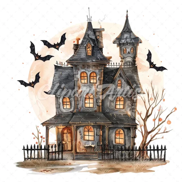 20 High-Quality Haunted House Clipart - Haunted house digital watercolor JPG instant download for commercial use - Digital download