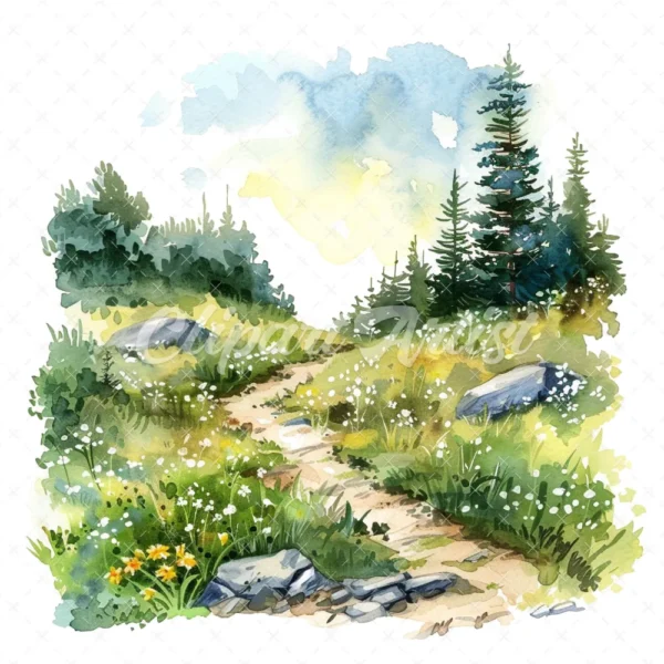 18 High-Quality Spring Meadow Trail Clipart - Spring meadow trail watercolor JPG instant download for commercial use - Digital download