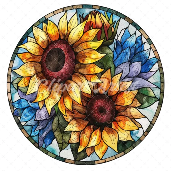 20 High-Quality Stained Glass Sunflowers Clipart - Sunflowers digital watercolor JPG instant download for commercial use - Digital download